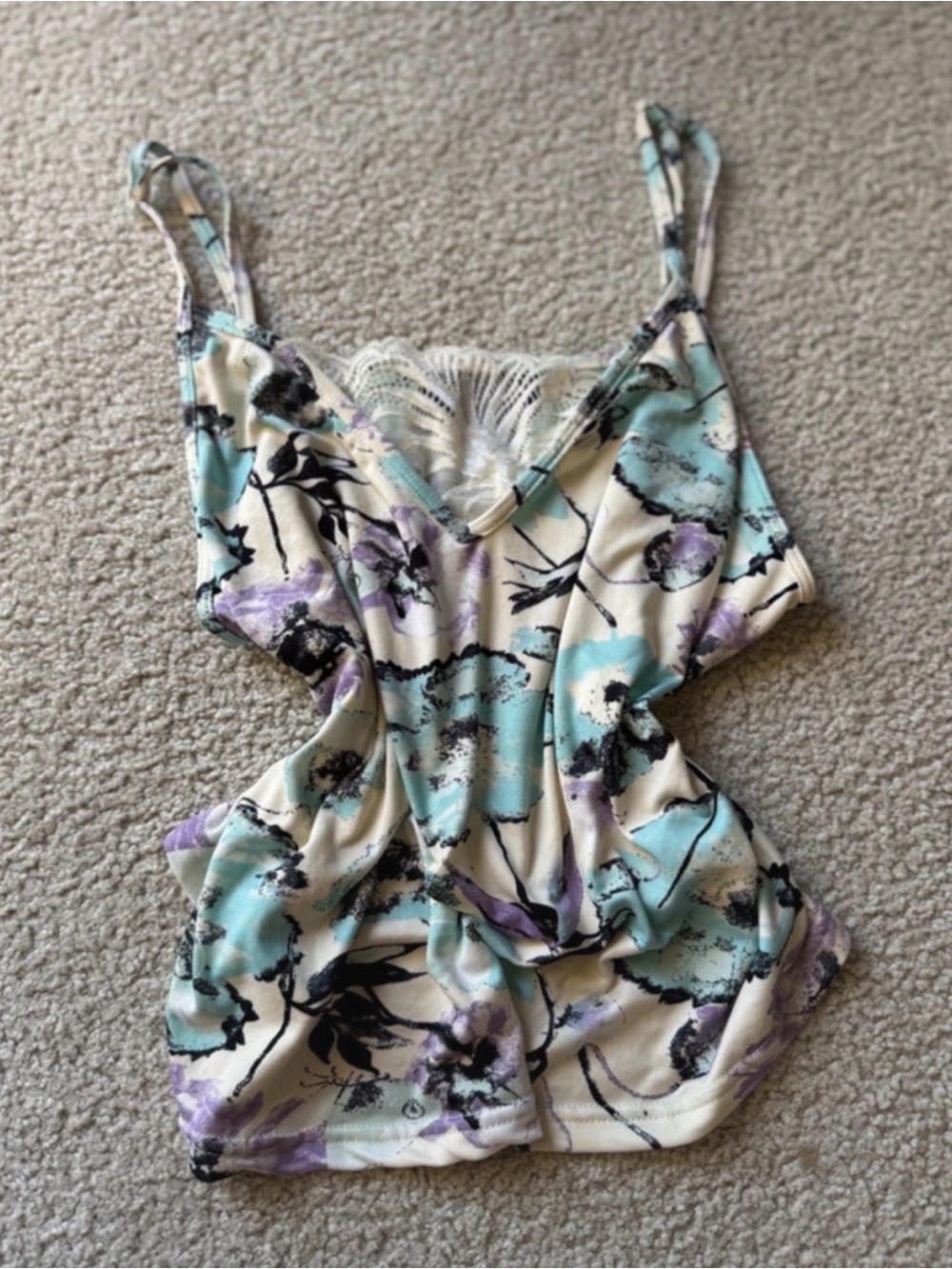 RACHEL Rachel Roy Cream Cami Romper with Aqua and Lavender Floral Print 2000s